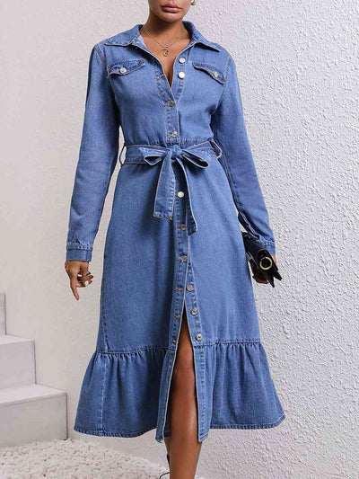 BEAUTIFUL I AM Collared Neck Button Down Denim Dress