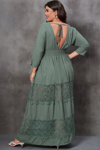 BEAUTIFUL I AM Plus Size Tied V-Neck Smocked Crochet Maxi Dress