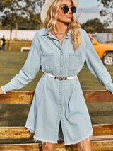 BEAUTIFUL I AM Button Up Collared Neck Raw Hem Denim Dress