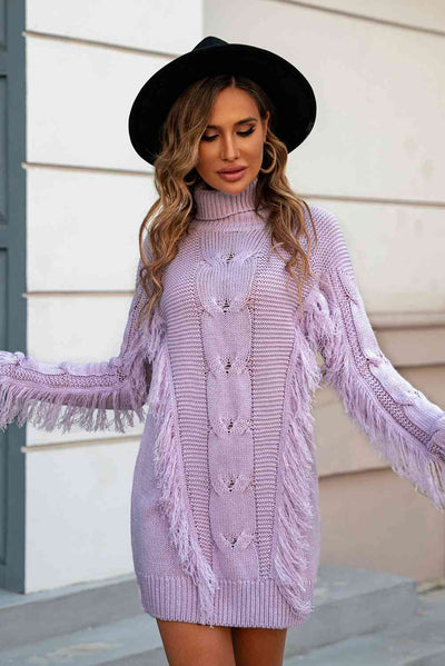 BEAUTIFUL I AM Turtleneck Fringe Detail Sweater Dress