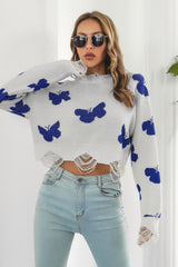 BEAUTIFUL I AM Printed Round Neck Ribbed Long Sleeve Sweater