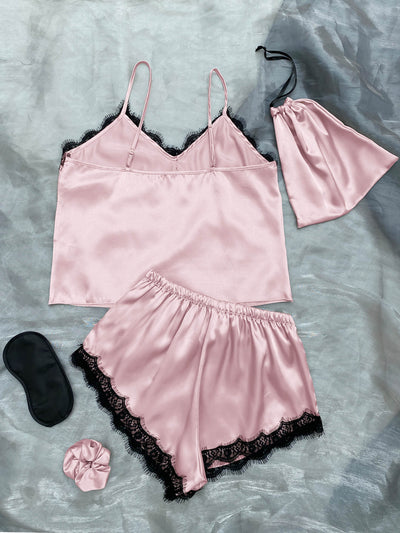 BEAUTIFUL I AM Lace Trim Cami, Shorts, Eye Mask, Scrunchie, and Bag Pajama Set Sleep Wear