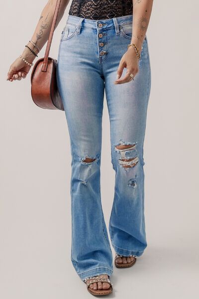 BEAUTIFUL I AM Button-Fly Distressed Flare Jeans