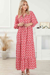 BEAUTIFUL I AM Printed Tie Neck Maxi Dress