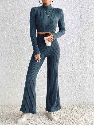 BEAUTIFUL I AM Ribbed Mock Neck Cropped Sweater & High Waist Pants Set