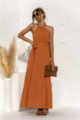 BEAUTIFUL I AM Halter Neck Tie Waist Tiered Maxi Dress