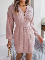 BEAUTIFUL I AM Buttoned Cable-Knit V-Neck Sweater Dress