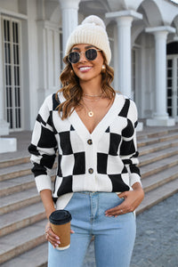 BEAUTIFUL I AM Button-Up Plaid V-Neck Dropped Shoulder Cardigan