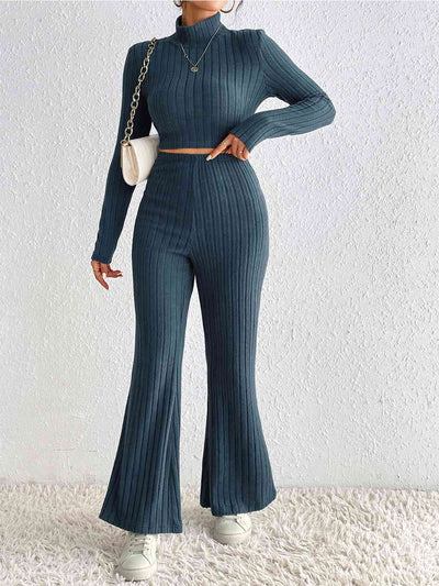 BEAUTIFUL I AM Ribbed Mock Neck Cropped Sweater & High Waist Pants Set