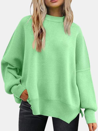 BEAUTIFUL I AM Round Neck Drop Shoulder Slit Sweater