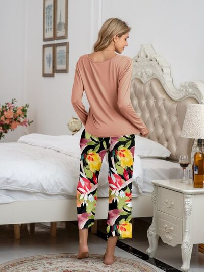 BEAUTIFUL I AM Round Neck Top and Printed Pants Lounge Sleep Wear Set