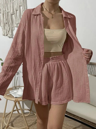 BEAUTIFUL I AM Dropped Shoulder Button Up Top and Elastic Waist Shorts Set