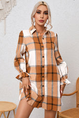 BEAUTIFUL I AM Plaid Collared Neck Flounce Sleeve Shirt Dress