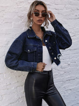 BEAUTIFUL I AM Cropped Collared Neck Raw Hem Denim Jacket