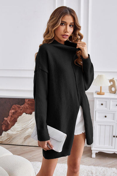 BEAUTIFUL I AM Exposed Seam Mock Neck Slit Sweater