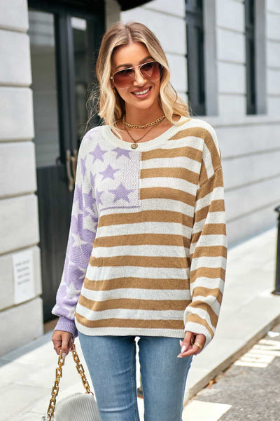 BEAUTIFUL I AM Round Neck US Flag Dropped Shoulder Sweater