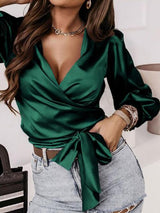 BEAUTIFUL I AM Surplice Tie Front Long Sleeve Blouse Shirt