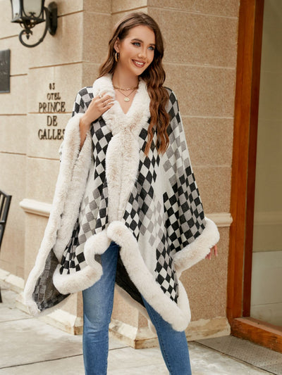 BEAUTIFUL I AM Checkered Faux Fur Trim Poncho