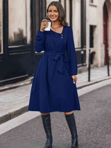 BEAUTIFUL I AM Buttoned Tie Front Long Sleeve Asymmetrical Neck Dress