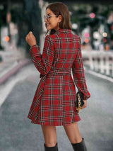 BEAUTIFUL I AM Plaid Tie Front Collared Neck Long Sleeve Dress