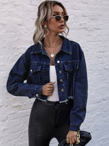 BEAUTIFUL I AM Cropped Collared Neck Raw Hem Denim Jacket