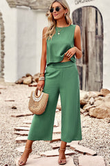 BEAUTIFUL I AM Buttoned Round Neck Tank and Wide Leg Pants Set