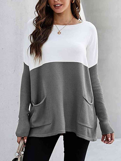 BEAUTIFUL I AM Two Tone Pullover Sweater with Pockets