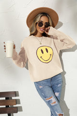 BEAUTIFUL I AM Round Neck Long Sleeve Smily Face Graphic Sweater