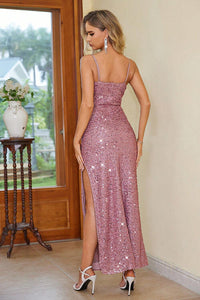 BEAUTIFUL I AM Sequin Slit Spaghetti Strap Dress