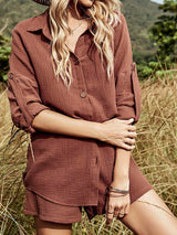 BEAUTIFUL I AM Texture Button Up Shirt and Shorts Set