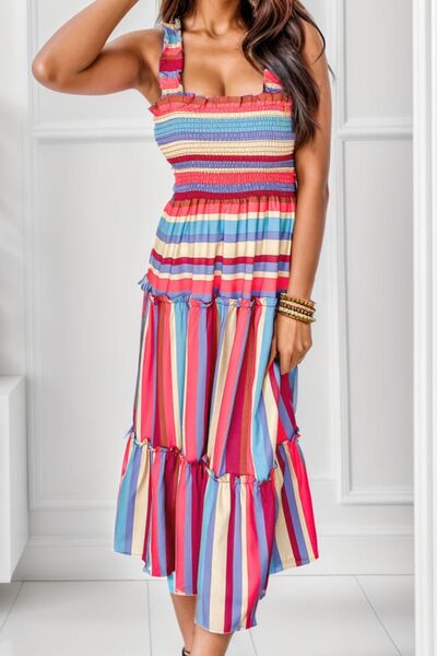 BEAUTIFUL I AM Striped Frill Smocked Tiered Midi Dress