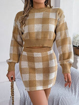 BEAUTIFUL I AM Plaid Round Neck Top and Skirt Sweater Set