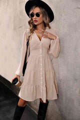 BEAUTIFUL I AM V Neck Button Up Tiered Dress