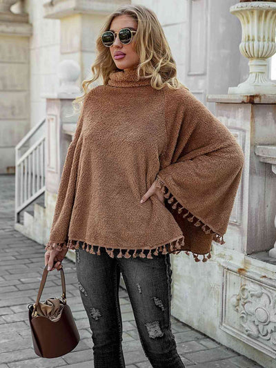 BEAUTIFUL I AM Full Size Turtleneck Tassel Hem Poncho