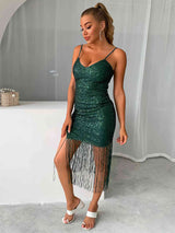 BEAUTIFUL I AM Sequin Fringe Spaghetti Strap Dress