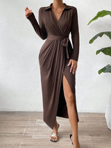 BEAUTIFUL I AM Tied Slit Long Sleeve Wrap Dress