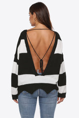 BEAUTIFUL I AM Color Block Backless Long Sleeve Sweater