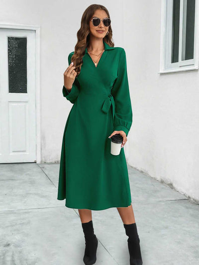 BEAUTIFUL I AM Collared Tied Long Sleeve Dress