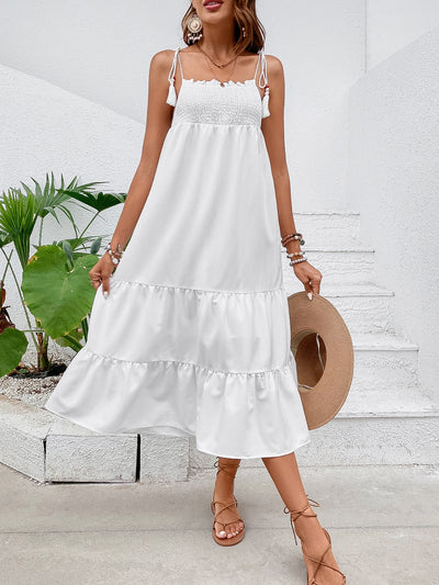 BEAUTIFUL I AM Tie-Shoulder Smocked Tiered Midi Dress