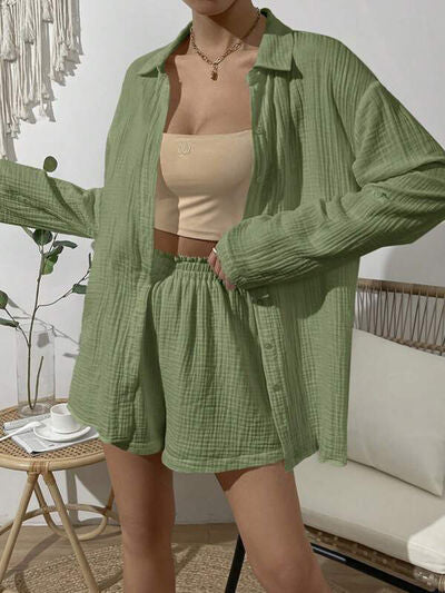 BEAUTIFUL I AM Dropped Shoulder Button Up Top and Elastic Waist Shorts Set