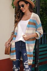 BEAUTIFUL I AM Full Size Striped Long Sleeve Openwork Cardigan