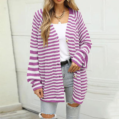 BEAUTIFUL I AM Striped Button Down Long Sleeve Cardigan