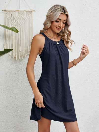 BEAUTIFUL I AM Eyelet Grecian Neck Mini Dress