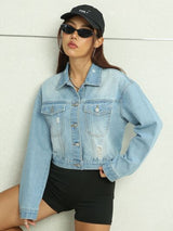 BEAUTIFUL I AM Distressed Button Up Denim Jacket with Pockets