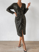 BEAUTIFUL I AM Printed Surplice Long Sleeve Slit Dress