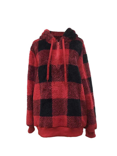 BEAUTIFUL I AM Plaid Half Zip Drawstring Hoodie