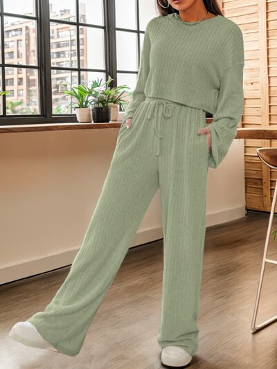 BEAUTIFUL I AM Ribbed Round Neck Top and Drawstring Pants Set