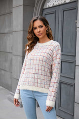 BEAUTIFUL I AM Plaid Round Neck Long Sleeve Pullover Sweater