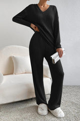 BEAUTIFUL I AM Ribbed V-Neck Top and Pants Set