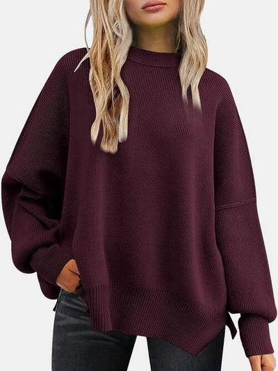 BEAUTIFUL I AM Round Neck Drop Shoulder Slit Sweater